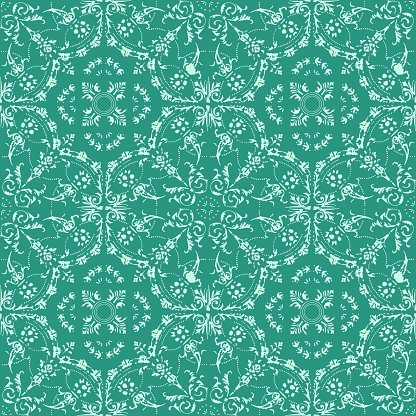 Hand Painted Green Bohemian Tile. Vector Tile Pattern, Lisbon Arabic Floral Mosaic, Mediterranean Seamless Ornament, Geometric Folklore Ornament. Tribal Ethnic Vector Texture.