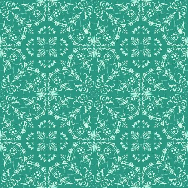 Vector illustration of Hand Painted Green Bohemian Tile. Vector Tile Pattern, Lisbon Arabic Floral Mosaic, Mediterranean Seamless Ornament, Geometric Folklore Ornament. Tribal Ethnic Vector Texture.