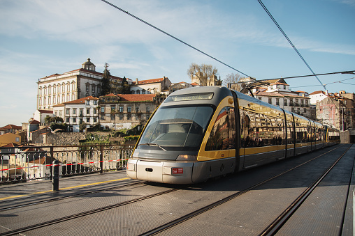 Modern tramway on Dom Luis I bridge, Porto, Portugal