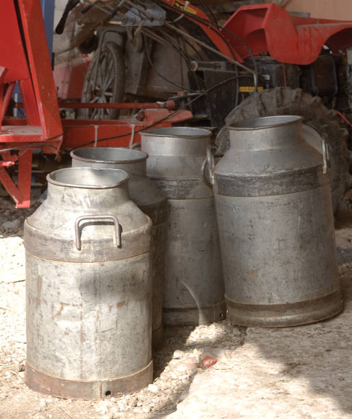 Milk churns. Old style milk collection and cheese making. Farm life, organic production, vintage concept. Vertical close-up. Milk churns. Old style milk collection and cheese making. Farm life, organic production, vintage concept. Vertical close-up. butter churn stock pictures, royalty-free photos & images