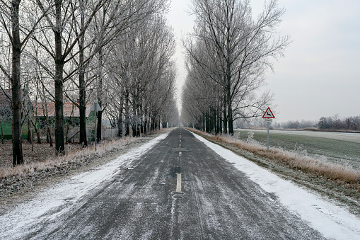 Winter road in the hungarian countryside.