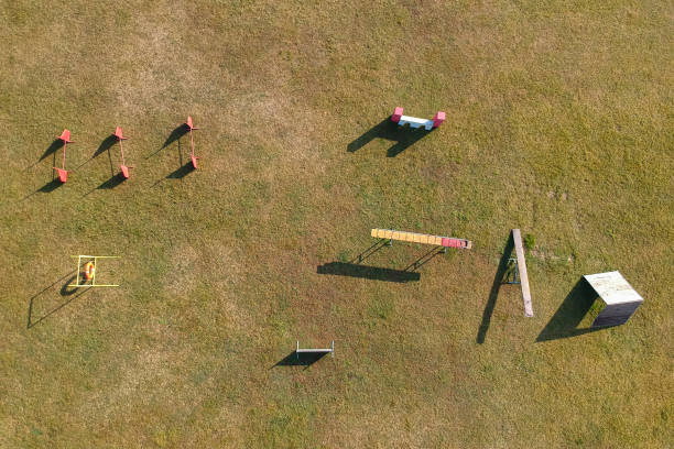 Aerial view of an agility dog course Aerial view of an agility dog course dog agility photos stock pictures, royalty-free photos & images