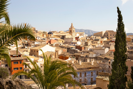 Panorama of the old town of Relleu on the Mediterranean coast in the province of Alicante, Spain, tiled roofs of the church dome and beautiful pealms.