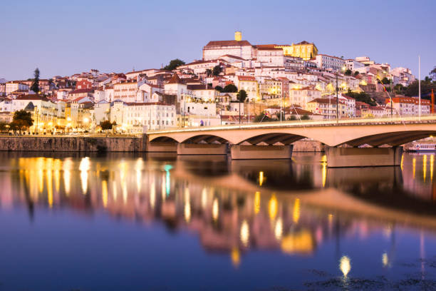 View Of Coimbra In Portugal And Mondego River At Night View Of Coimbra, One Of The Main Cities In Portugal, with Mondego River And University Buildings At Night. baixa stock pictures, royalty-free photos & images