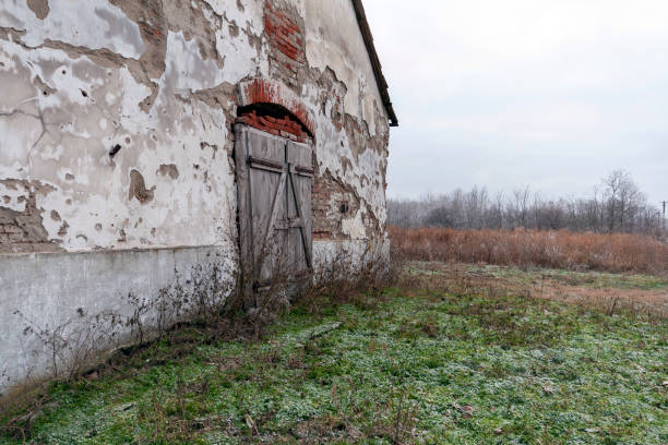 Abandoned building in the hungarian countryside on a winter day.