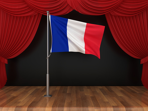 FRENCH Flag with Red Stage Curtains - 3D Rendering