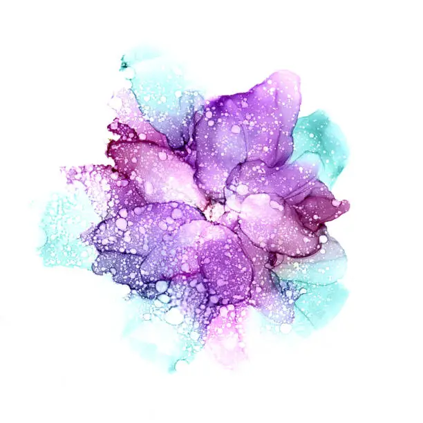 Delicate hand drawn watercolor clematis flower in violet and green tones. Alcohol ink art. Raster illustration. Trendy style. Perfect for polygraphy design.