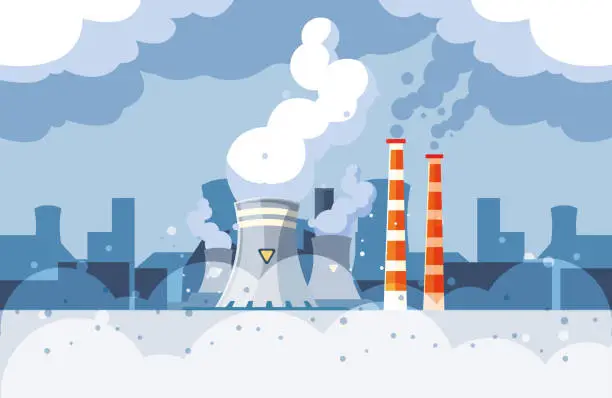 Vector illustration of Industrial smoke clouds on city landscap, nuclear reactor environmental pollution