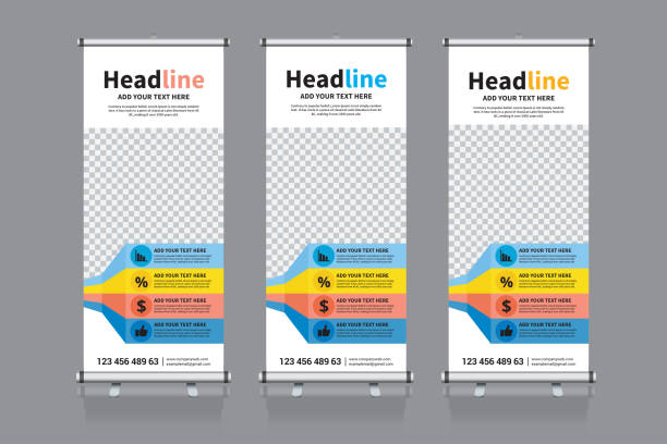 Roll up banner design template, abstract background, pull up design, x-banner, rectangle size. Roll up banner for your company or business, vector file, high quality, clean, creative, easy to edit, modern design x-banner, roller retractable stock illustrations