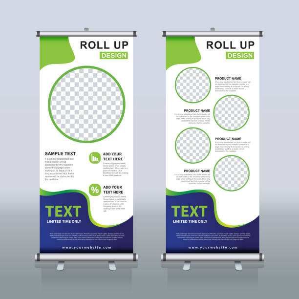 Roll up banner design template, abstract background, pull up design, x-banner, rectangle size. Roll up banner for your company or business, vector file, high quality, clean, creative, easy to edit, modern design x-banner, roller retractable stock illustrations