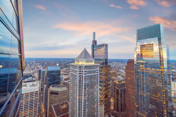 Top view of downtown skyline Philadelphia in Pennsylvania, USA Top view of downtown skyline Philadelphia in Pennsylvania, USA at sunset philadelphia stock pictures, royalty-free photos & images