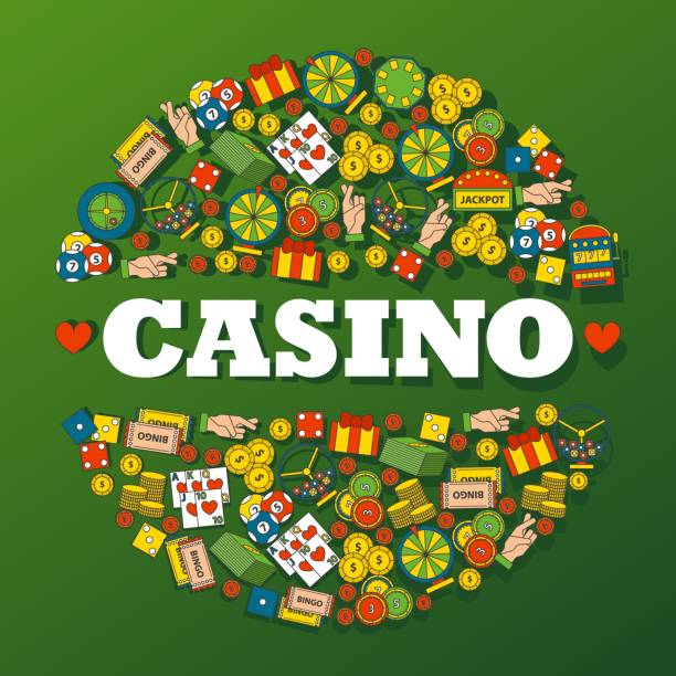 ilustrações de stock, clip art, desenhos animados e ícones de casino gambling icons in round frame composition, vector illustration. decorative cover for casino, gambling club, symbols of luck and fortune, entertainment and success - wheel incentive spinning luck