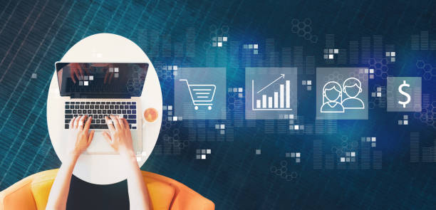 istock Marketing concept with person using a laptop 1207615637