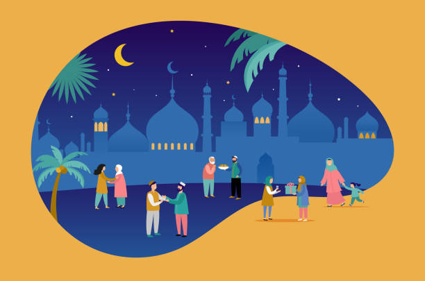 ramadan kareem, eid mubarak, grußkarte und banner mit vielen menschen, geschenke, essen. männer, frauen und kinder gehen auf der straße. islamischer urlaubshintergrund. vektor-illustration - street market illustrations stock-grafiken, -clipart, -cartoons und -symbole