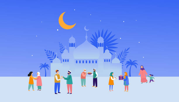 ramadan kareem, eid mubarak, grußkarte und banner mit vielen menschen, geschenke, essen. männer, frauen und kinder gehen auf der straße. islamischer urlaubshintergrund. vektor-illustration - street market illustrations stock-grafiken, -clipart, -cartoons und -symbole