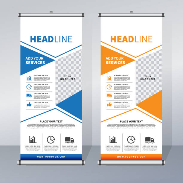 Roll up banner design template, abstract background, pull up design, x-banner, rectangle size. Roll up banner for your company or business, vector file, high quality, clean, creative, easy to edit, modern design x-banner, roller retractable stock illustrations