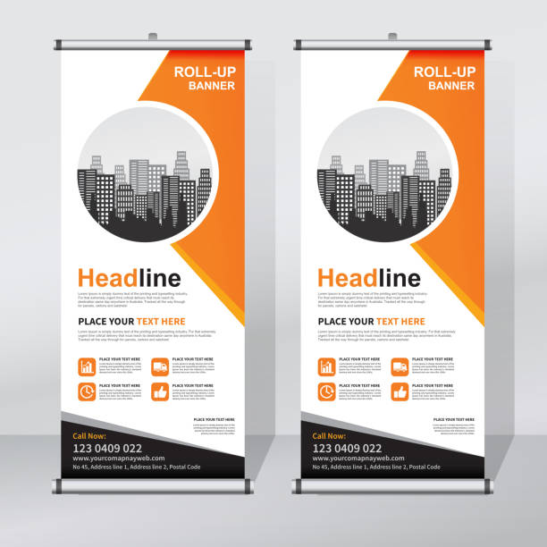 Roll up banner design template, abstract background, pull up design, x-banner, rectangle size. Roll up banner for your company or business, vector file, high quality, clean, creative, easy to edit, modern design x-banner, roller retractable stock illustrations