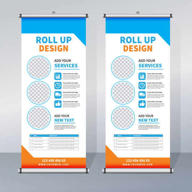 Roll up banner design template, abstract background, pull up design, x-banner, rectangle size. Roll up banner for your company or business, vector file, high quality, clean, creative, easy to edit, modern design x-banner, roller retractable stock illustrations