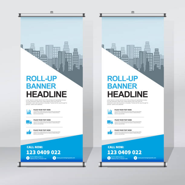 Roll up banner design template, abstract background, pull up design, x-banner, rectangle size. Roll up banner for your company or business, vector file, high quality, clean, creative, easy to edit, modern design x-banner, roller retractable stock illustrations