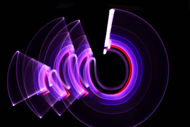 Lightpainting session in long exposure at night. Curved abstract shapes made of blue and purple light saber. Background for wallpaper. lightpainting stock pictures, royalty-free photos & images