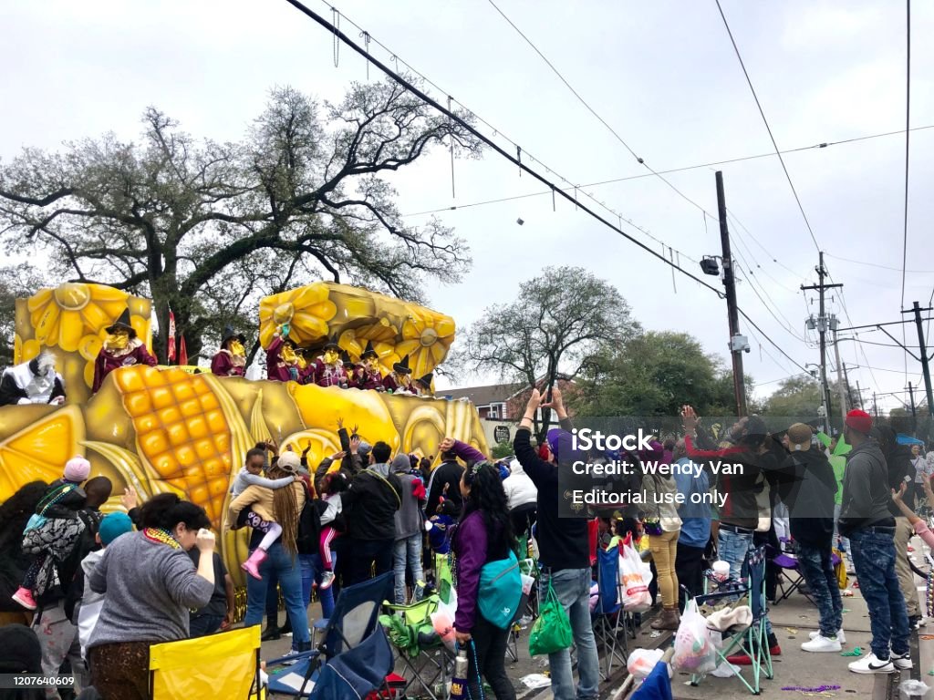 Real people having fun at Mardi Gras New Orleans, Louisiana, USA. Feb. 16, 2020: Revelers watch a float make its way down St. Charles Street in the Mardi Gras parade African Ethnicity Stock Photo