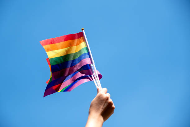 istock People holding and waving LGBT pride flags with sky background 1207643994