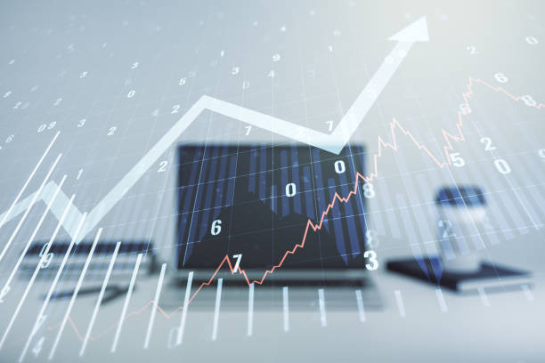 istock Abstract creative financial graph with upward arrow on modern computer background, financial and trading concept. Multiexposure 1207644245