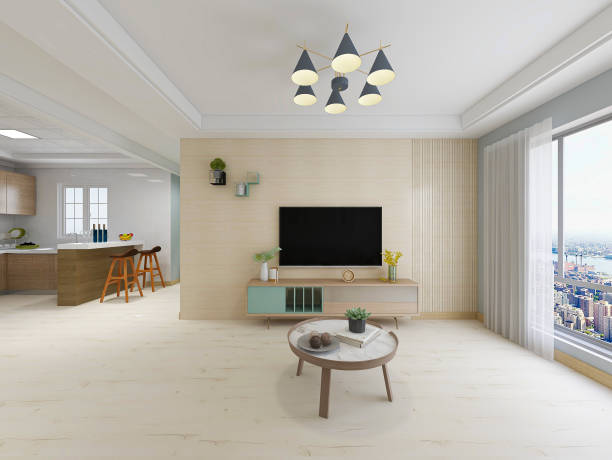 istock Spacious living room interior design with sofa, table, TV, green plants 1207651111