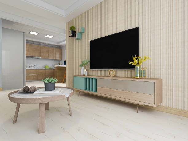 istock Spacious living room interior design with sofa, table, TV, green plants 1207651112