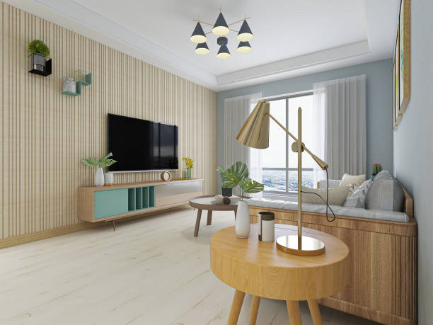 istock Spacious living room interior design with sofa, table, TV, green plants 1207651126