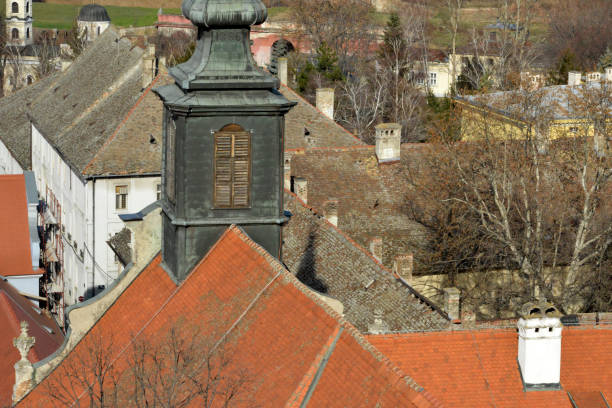 istock Old bell tower above city roofs 1207654456