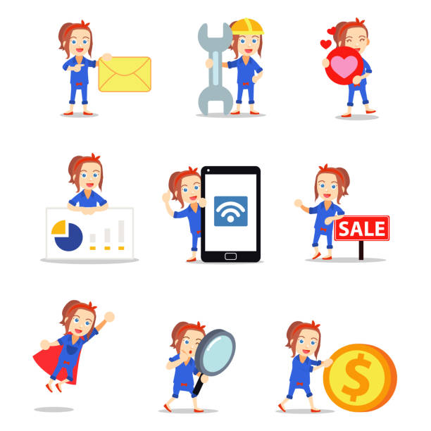 Set character of woman as an expert mechanic in installing the riveter. Set character of woman as an expert mechanic in installing the riveter. Vector illustration with coin, envelope, love, mobile rosie the riveter cartoon stock illustrations