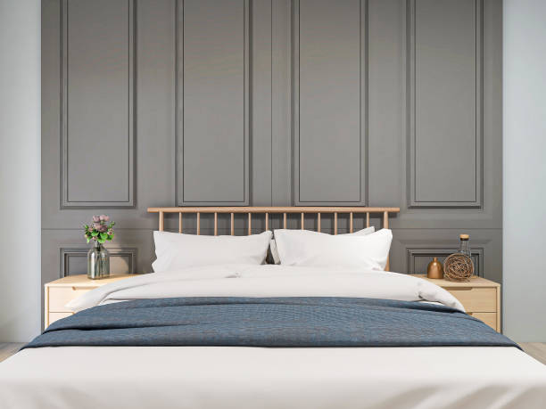 istock Modern design bedroom with large bed, chest of drawers, greenery 1207663033