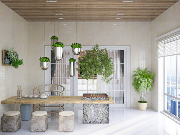 istock 3D rendering, spacious and bright urban residential closed balcony design, green plants with wooden tables and chairs are leisure and comfortable. 1207664230