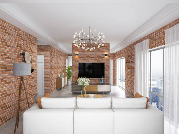 istock 3D rendering, spacious modern residential living room design decorated with red brick walls, with sofa, tea table, TV and other decorations. 1207664320