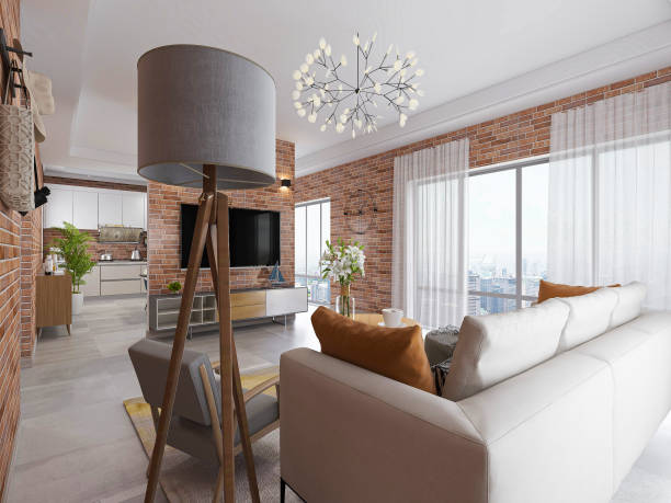 istock 3D rendering, spacious modern residential living room design decorated with red brick walls, with sofa, tea table, TV and other decorations. 1207664345