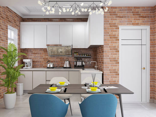 istock 3D rendering, the spacious dining room beside the modern kitchen, with red brick walls and green plants, is particularly beautiful. 1207664449