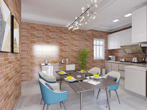 istock 3D rendering, the spacious dining room beside the modern kitchen, with red brick walls and green plants, is particularly beautiful. 1207664450