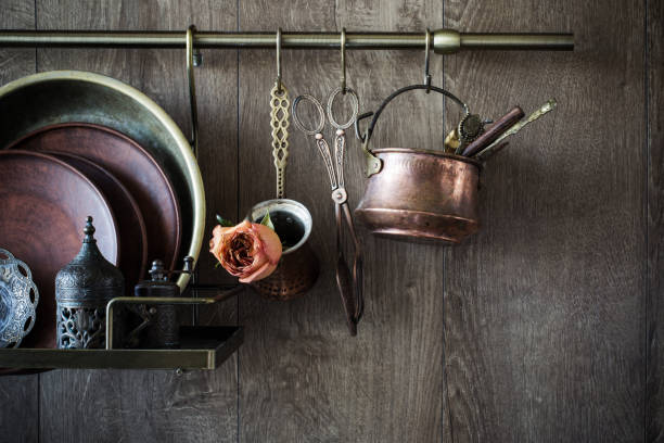 istock old vintage dishware on dark wooden background 1207665395