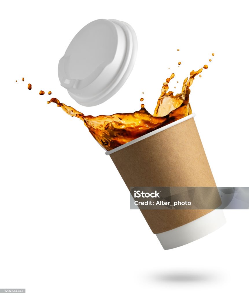 falling disposable cup with coffee splash falling disposable paper cup with coffee splash isolated on white background Coffee - Drink Stock Photo