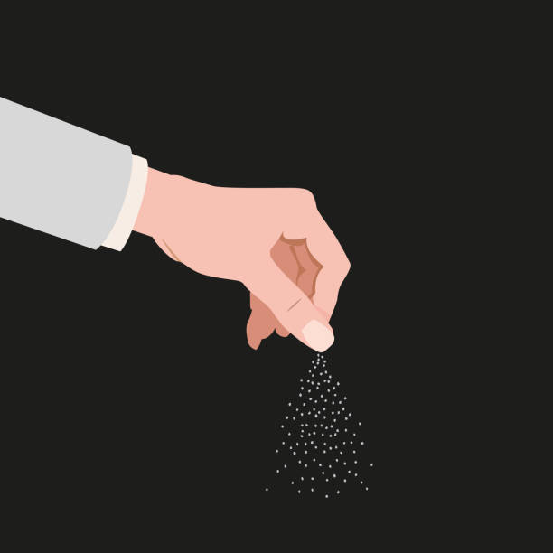 istock Human hand salting, salts, spice. Cooking gesture sprinkle vector isolated cartoon style illustration 1207676958