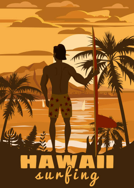 illustrations, cliparts, dessins animés et icônes de surfer restant avec la planche de surf sur la vue arrière tropicale de plage. hawaii surf palms thème de l’océan rétro vintage. drapeau d’affiche d’affichage isolé d’illustration de vecteur - enfants derrière voiture vacance