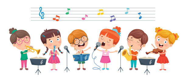 ilustrações, clipart, desenhos animados e ícones de funny little kids performing music - bugle music musical instrument musical note