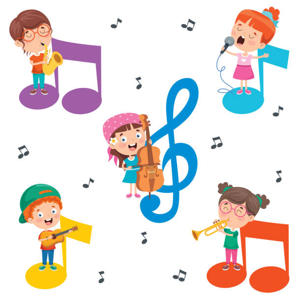 ilustraciones, imágenes clip art, dibujos animados e iconos de stock de funny little kids interpretando música - bugle trumpet jazz music