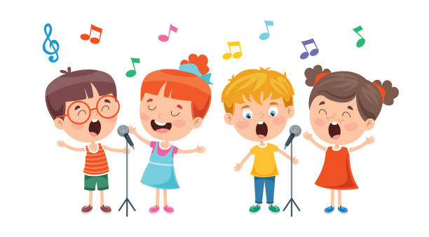 ilustraciones, imágenes clip art, dibujos animados e iconos de stock de funny little kids interpretando música - sing