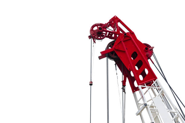 istock Construction crane for heavy lifting isolated on white background. Construction industry. Closeup red-white crane for lift equipment. Crane for rent. Crane dealership for construction business. 1207681779