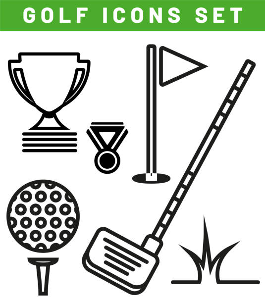 sammlung von stilisierten schwarzen golf-icons auf weißem hintergrund - golf club golf iron isolated stock-grafiken, -clipart, -cartoons und -symbole