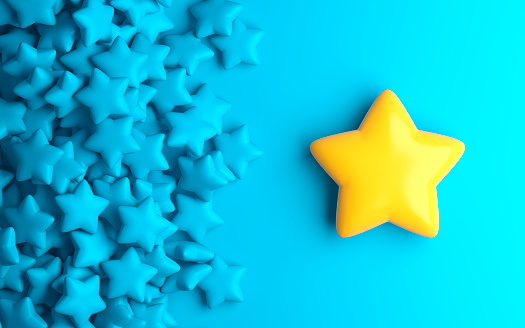 Golden star standing out from blue colored stars. 3d illustration.