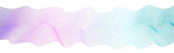 Vector illustration of Horizontal waveform. Multicolored flowing ribbon. Soft violet, pink, teal gradient. Abstract striped wave pattern. White background. Squiggly curves, art line vector design. EPS10 illustration
