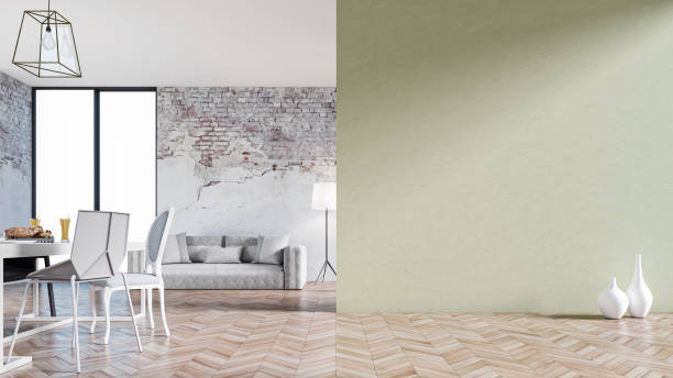 istock Empty living room with sofa, table and chairs - ruined wall 1207691312
